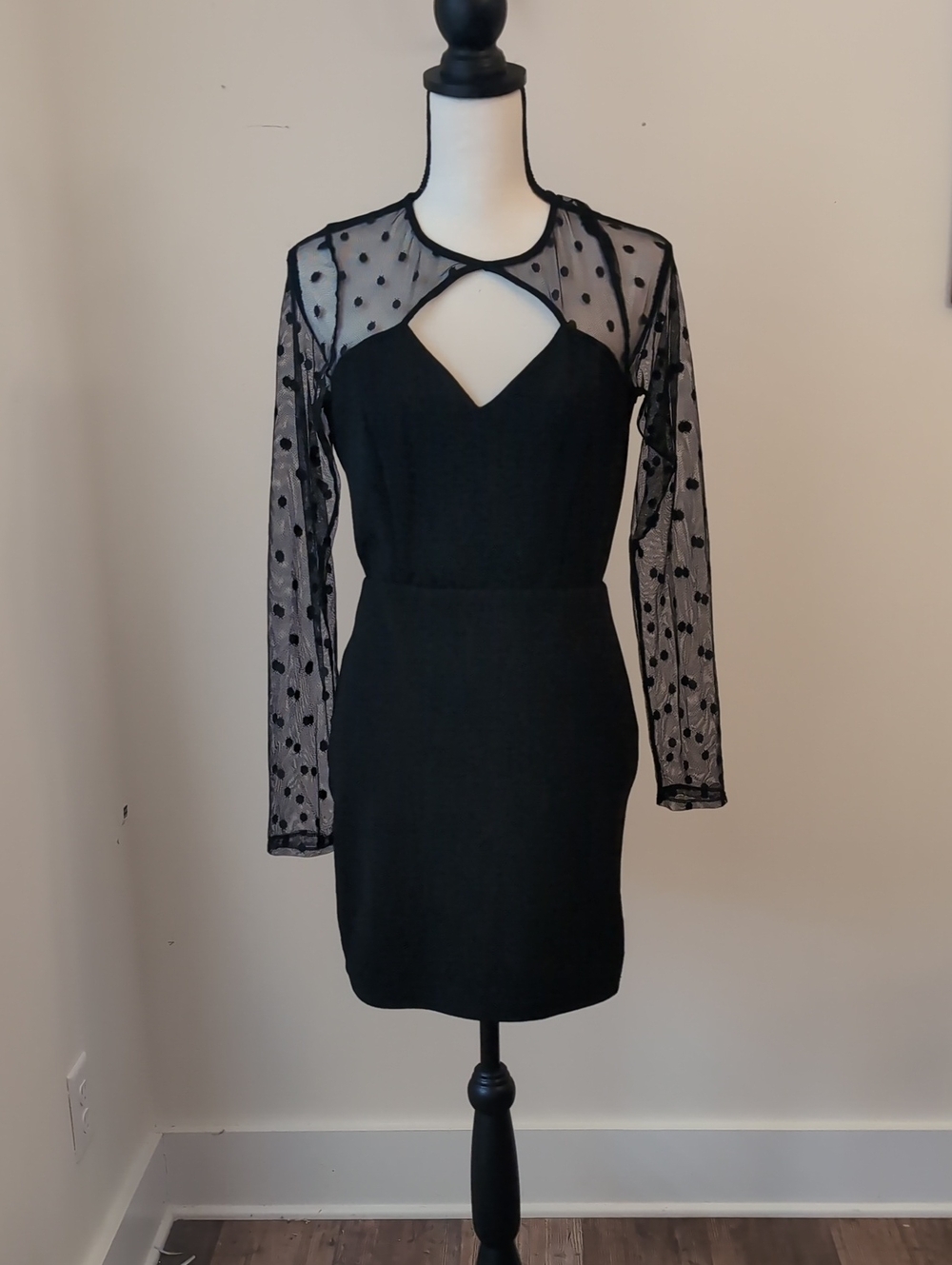 As U Wish Black Sheer Polka Dot Long Sleeve Cocktail Dress